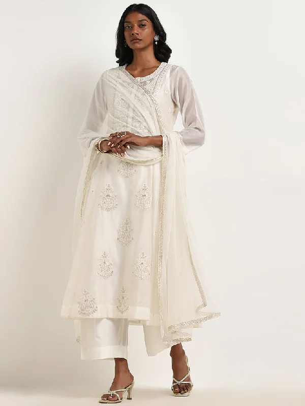 Vark White Embroidered A-Line Kurta, Pants & Dupatta Set Relaxed Lounge Trousers