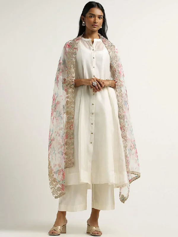 Vark White Kurta, Inner, Pants and Embroidered Cotton Blend Dupatta Set Chic Faux Leather Pants