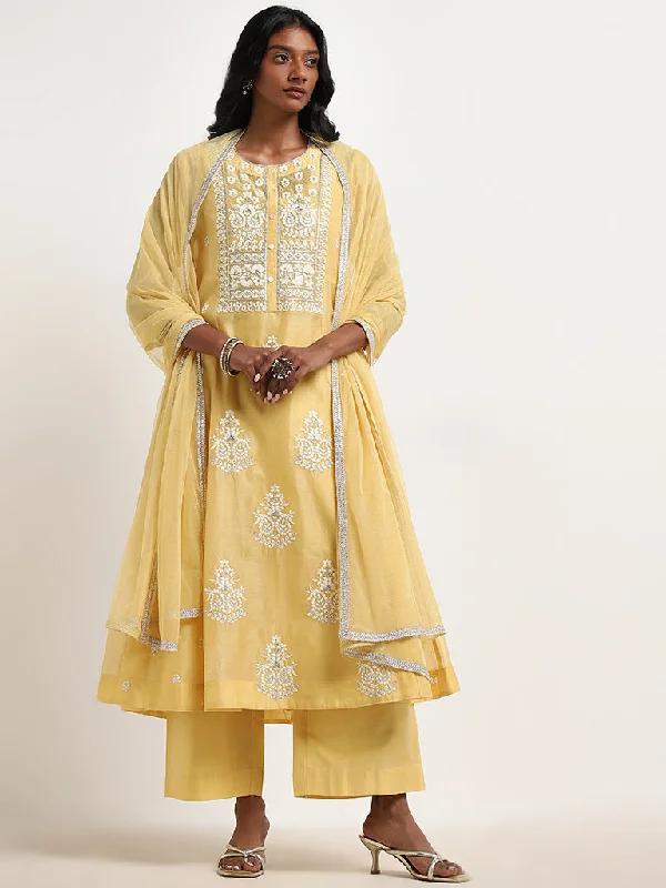 Vark Yellow Embroidered Kurta, Inner, Pants & Dupatta Set Formal Stretch Pants