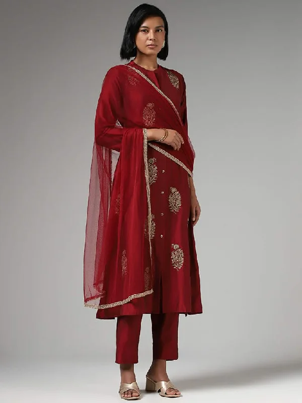 Vark Zari Embroidered Maroon Kurta with Pants & Dupatta Classic Pleated Pants