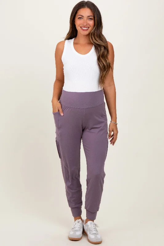 Violet Cargo Pocket Maternity Jogger Pants Chic Black Leggings