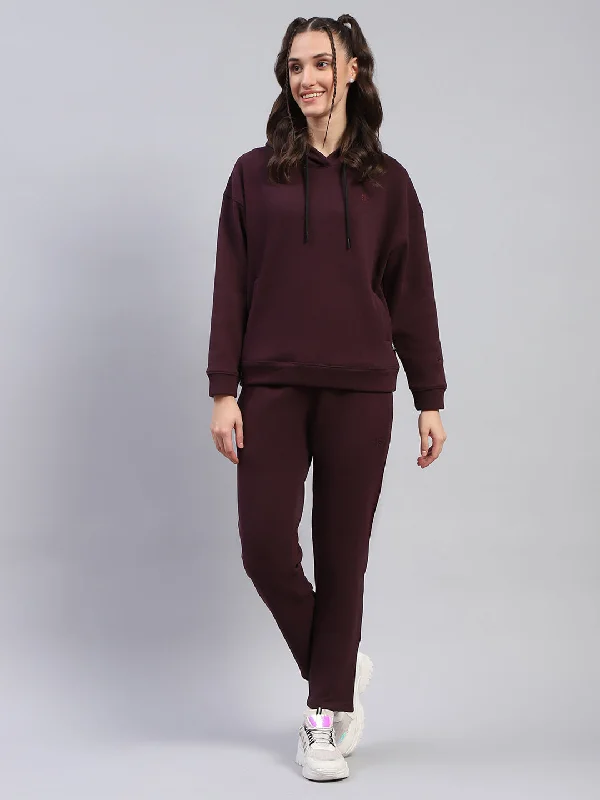 Women Maroon Solid Hooded Full Sleeve Tracksuit Hoodie with Zipper Versatile Modern