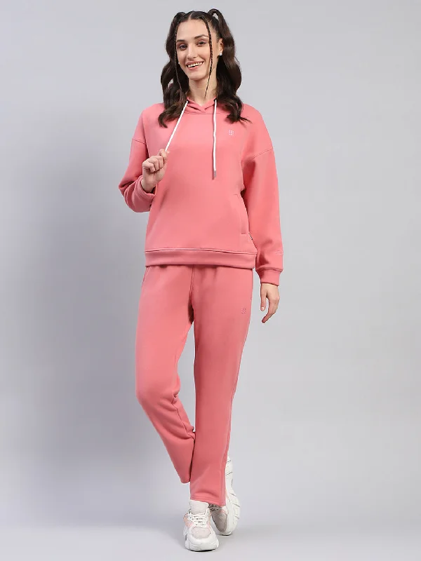 Women Peach Solid Hooded Full Sleeve Tracksuit Hoodie with Fur Luxurious Winter