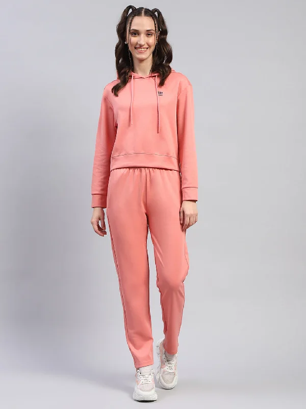 Women Peach Solid Hooded Full Sleeve Tracksuit Hoodie with Ribbed Cuffs Snug Fit Comfort