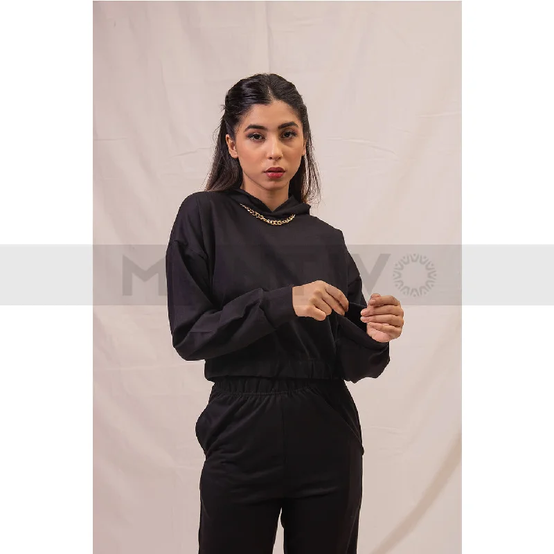 Black Oversized Cropped Hoodie Hoodie with Batwing Sleeves Loose Dramatic