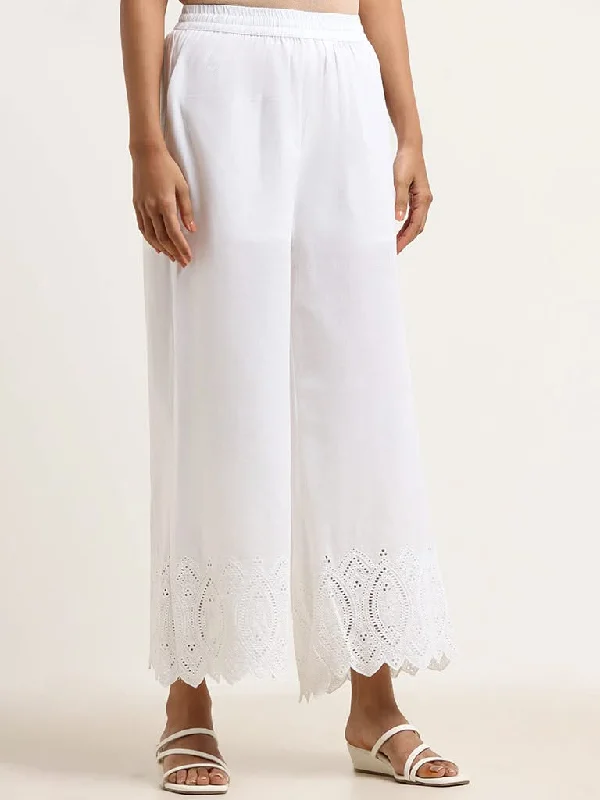 Zuba White Cotton Schiffli Pants Trendy Wide-Legged Trousers