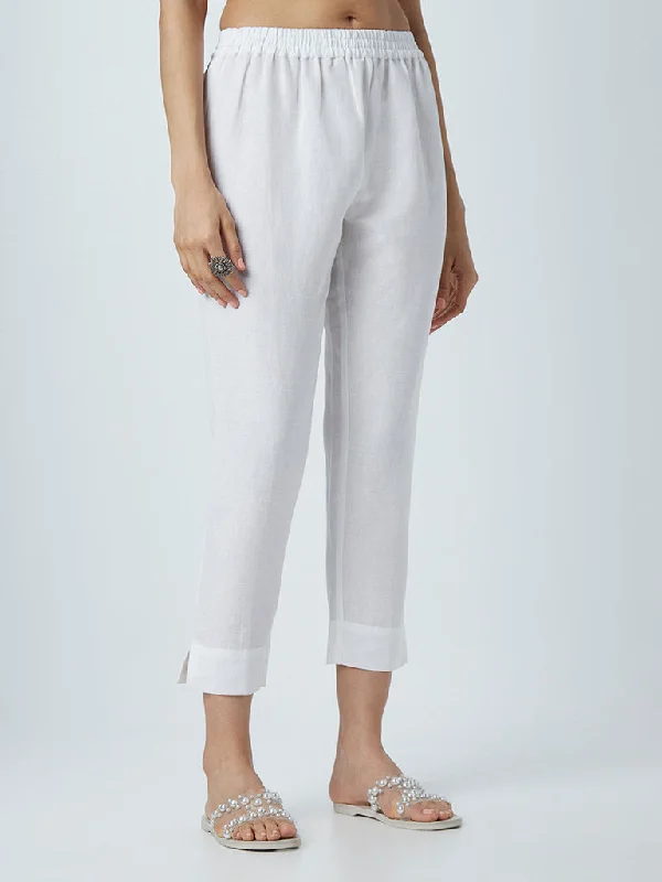 Zuba White Ethnic Blended Linen Pants Soft Stretch Trousers