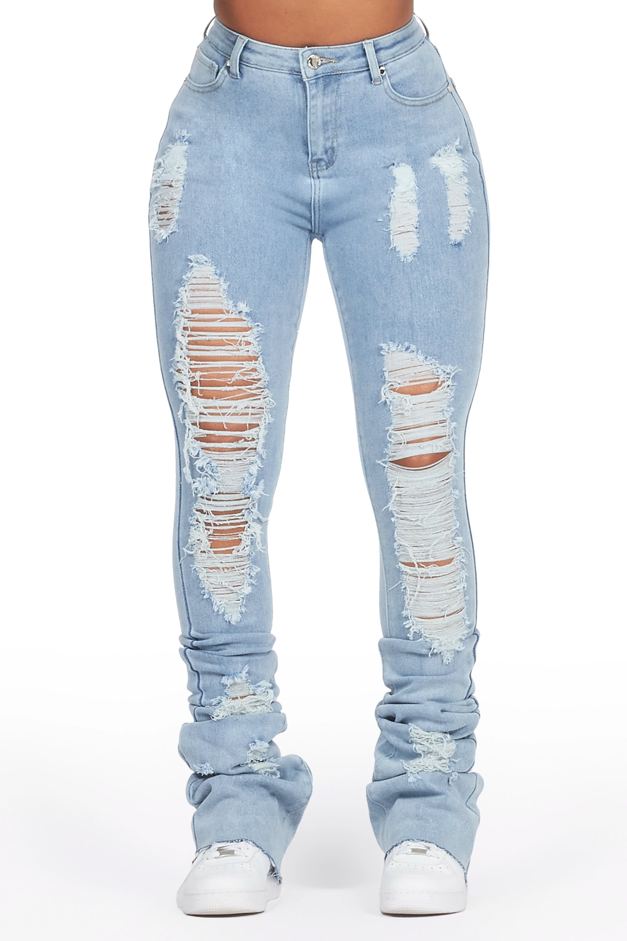 Got A Crush Light Wash Distressed Super Stacked Jean Fashionable Vintage Wash Jeans