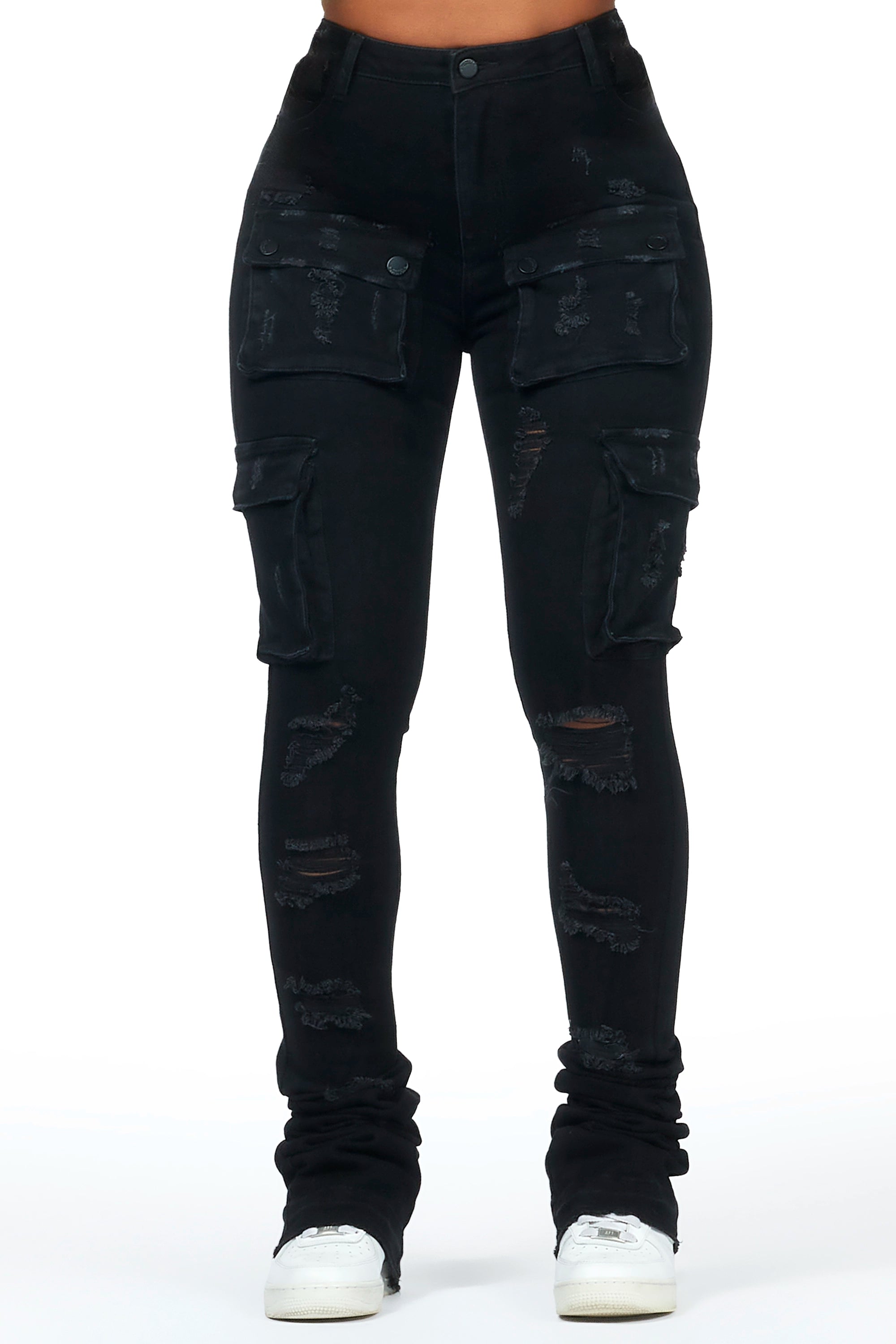 Noor Black Cargo Super Stacked Jean Stylish High-Waist Skinny Denim