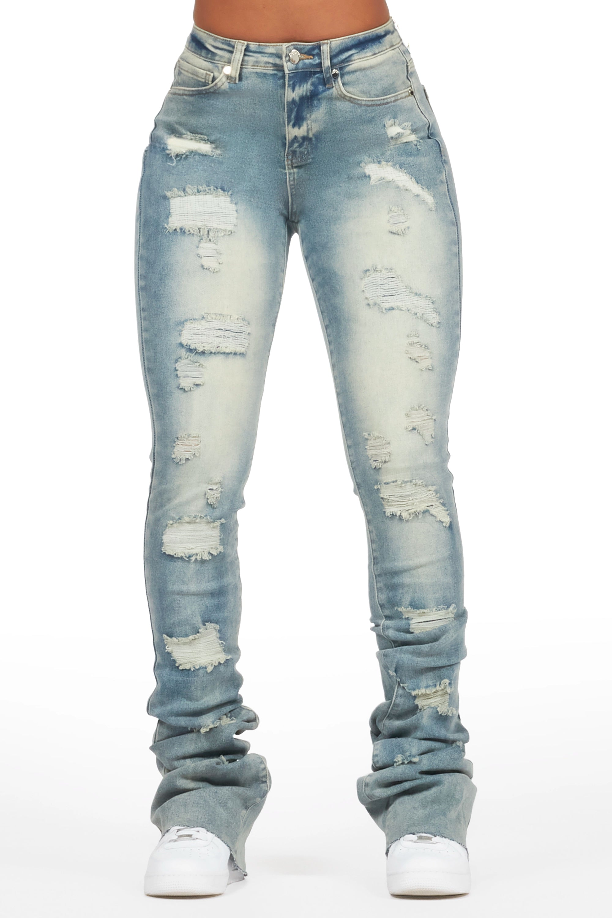 Remy Tinted Dark Wash Super Stacked Jean Fashionable Raw Hemmed Jeans