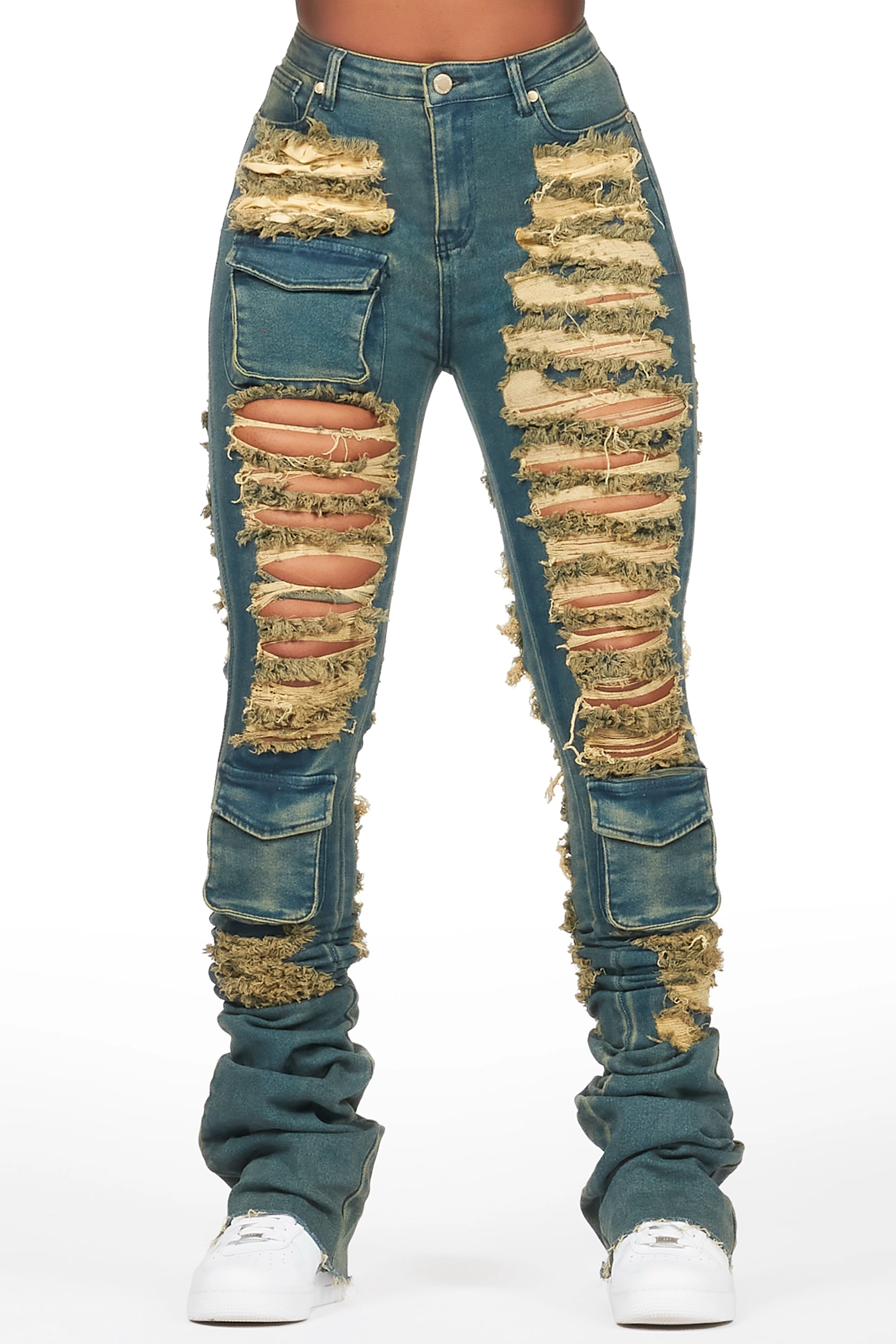 Capria Tinted Dirty Wash Ultra Distressed Super Stacked Jean Fashionable Button-Front Jeans