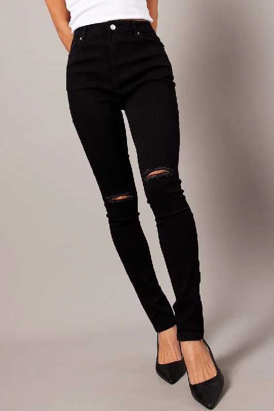 Black Skinny Jean High Rise Elegant Raw Hem Jeans