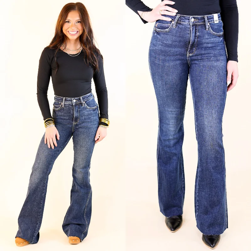 Judy Blue | City Chic High Waisted Tummy Control Flare Jean with Shield Back Pockets in Dark Wash Elegant Raw Hem Jeans