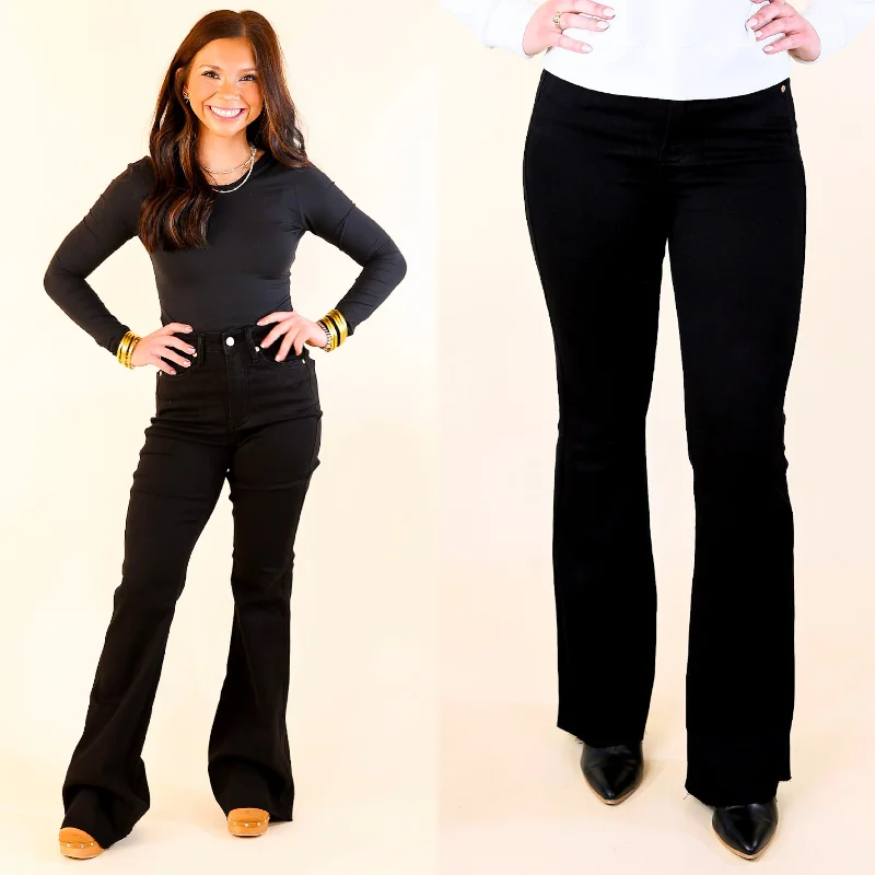 Judy Blue | Cutting Edge High Waisted Tummy Control Cut Hem Flare Jean in Black Trendy Skinny Fit Jeans