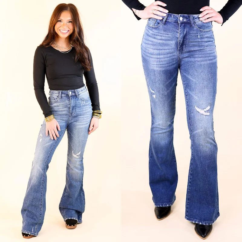 Judy Blue | Modern Groove High Waisted Destroy Flare Jean in Contrasting Dark Wash Comfortable Full-Length Denim Jeans