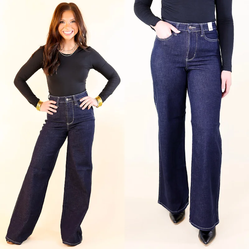 Judy Blue | Smooth Stride Tummy Control Retro Wide Leg Jean in Dark Rinse Wash Trendy Skinny High-Waist Jeans