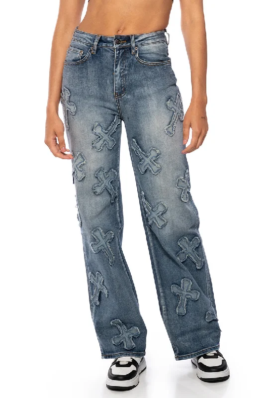 PAMELA CROSS PATCHWORK DENIM JEAN Chic Faded Blue Jeans