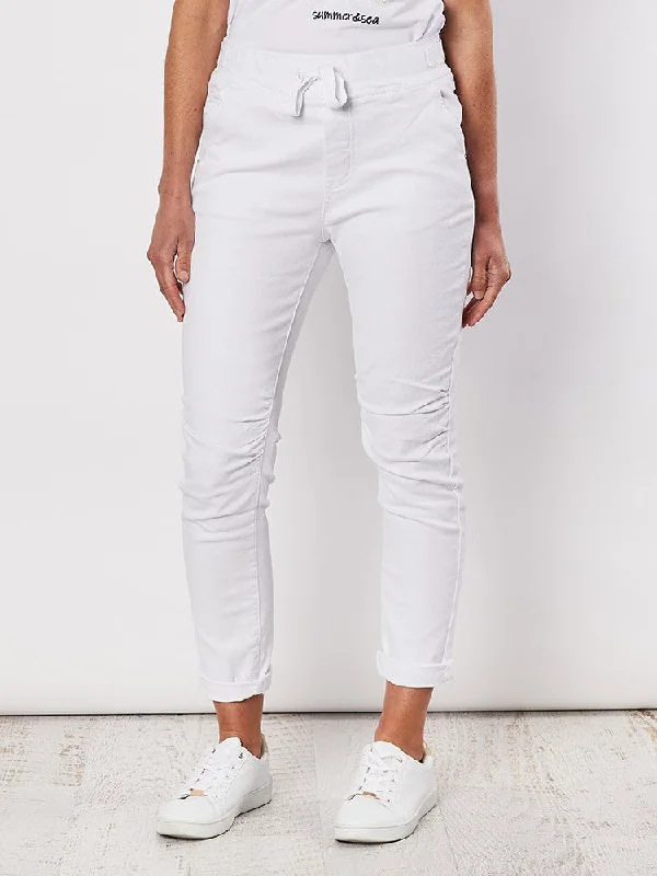 Pants Front Tie Cotton Jogger Jean - White Stylish Acid-Wash Jeans