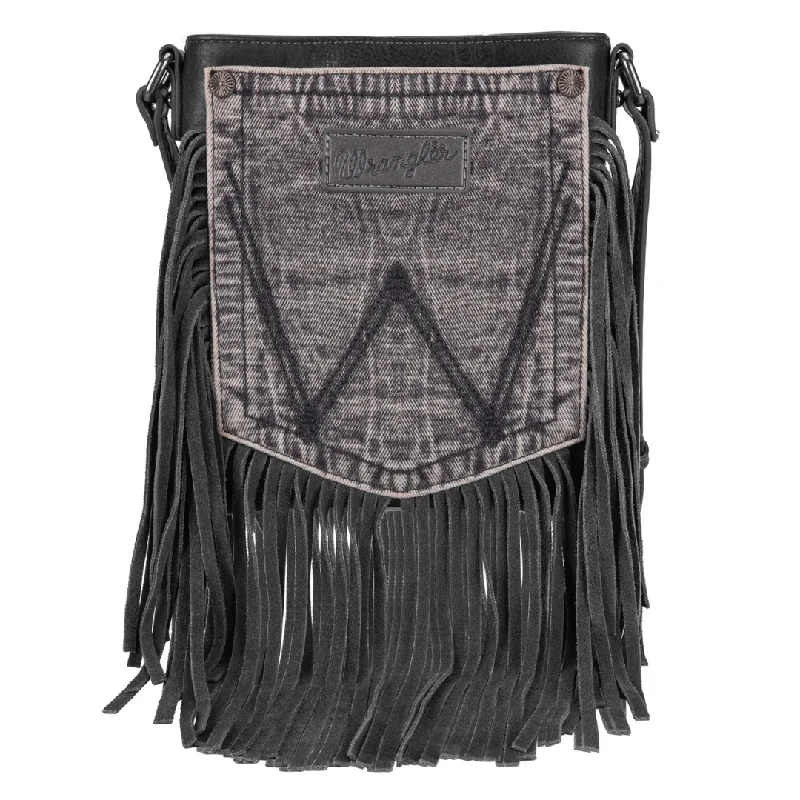 Wrangler Leather Fringe Jean Denim Pocket Crossbody - Light Black Trendy Cut-Off Denim Shorts