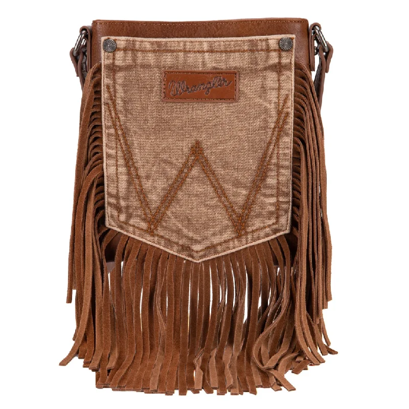 Wrangler Leather Fringe Jean Denim Pocket Crossbody - Light Brown Trendy Button-Up High-Waist Jeans