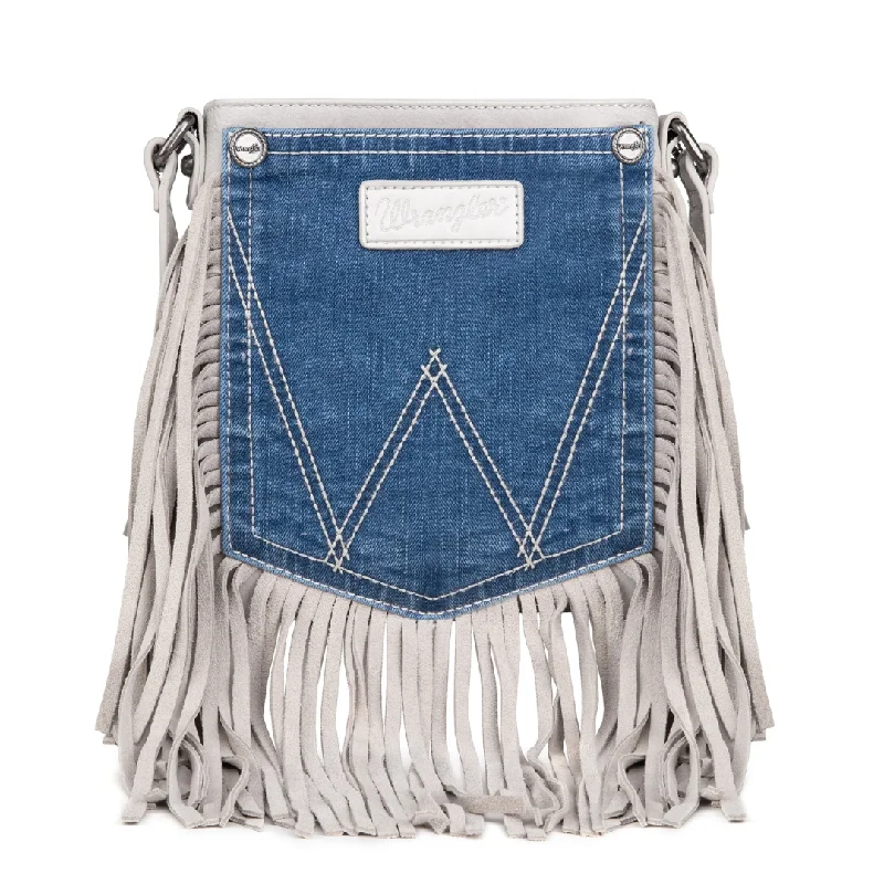 Wrangler Leather Fringe Jean Denim Pocket Crossbody - White Stylish Slim Fit Denim