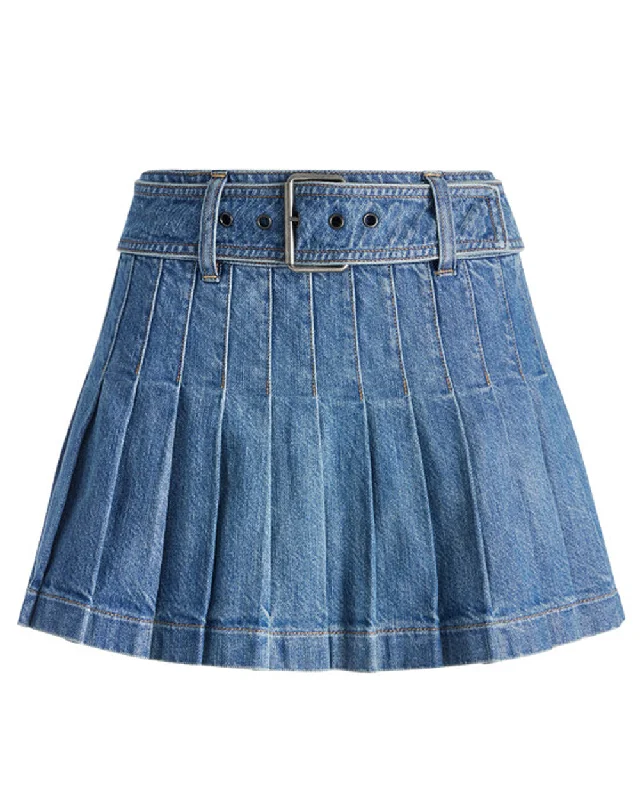 Low Rise Mera Pleated Mini Skirt in Avery Blue velvet skirt luxury