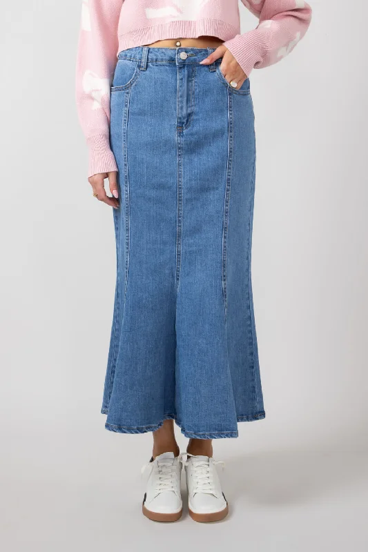 Denim Mermaid Maxi Skirt for Women | MAS2854-DENIM velvet skirt glossy