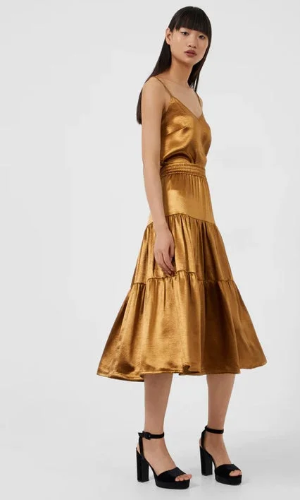 French Connection Denney Inu Satin Skirt-Gold Brown-73TNF corduroy skirt comfortable