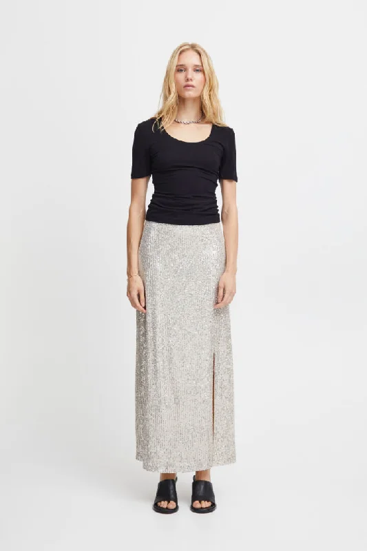 Ichi Fauci Sequinned Maxi Skirt-Frosted Almond-20120063 corduroy skirt cozy