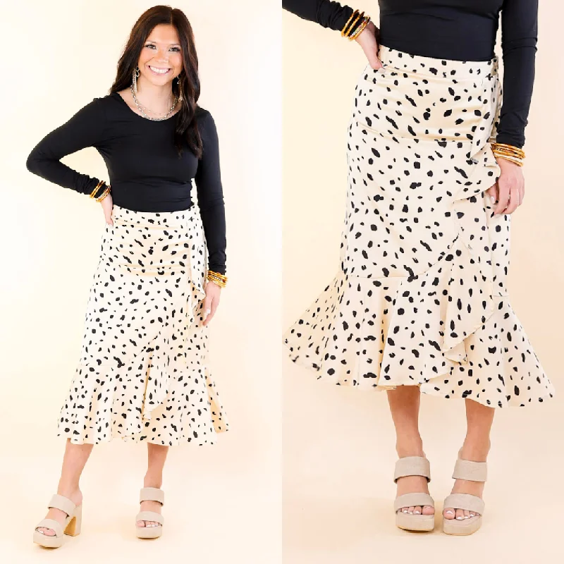 Lovely in L.A. Black Dotted Ruffle Wrap Midi Skirt in Beige corduroy skirt durable