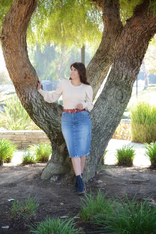 Rissa Blue Washed Denim Light Distressed Skirt wool skirt warm