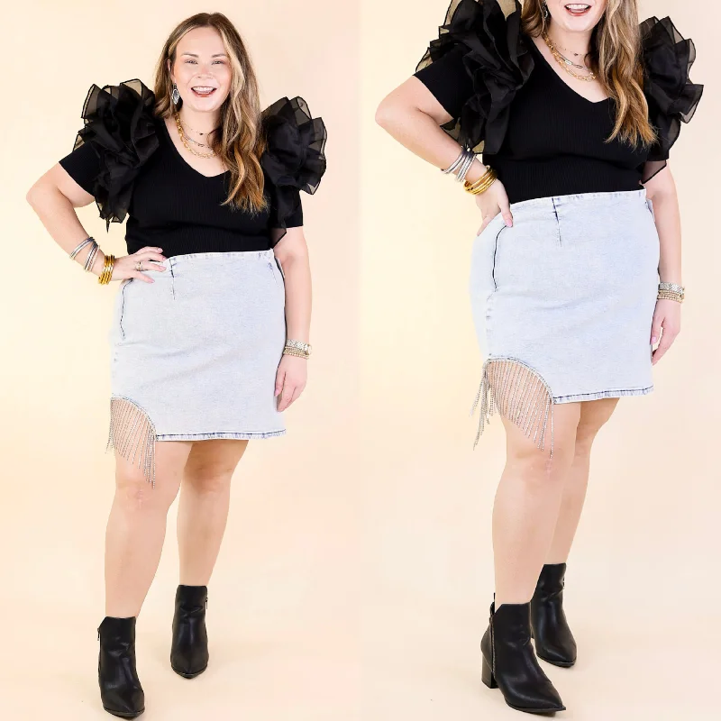 Grandest Moments Denim Mini Skirt with Crystal Fringe in Light Wash velvet skirt luxurious