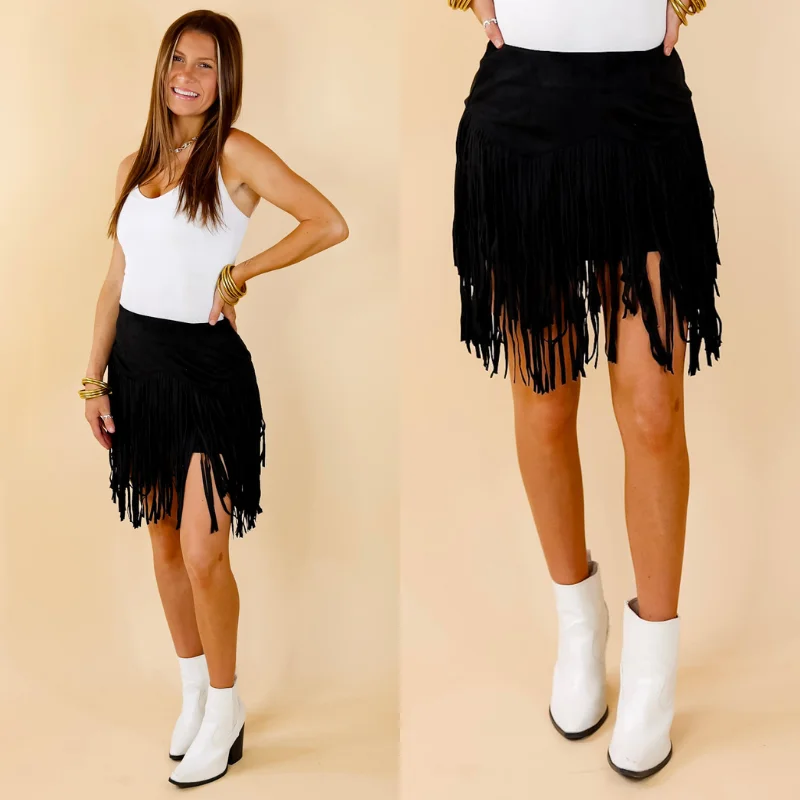 Pep Into Your Step Suede Fringe Skirt in Black mini skirt trendy