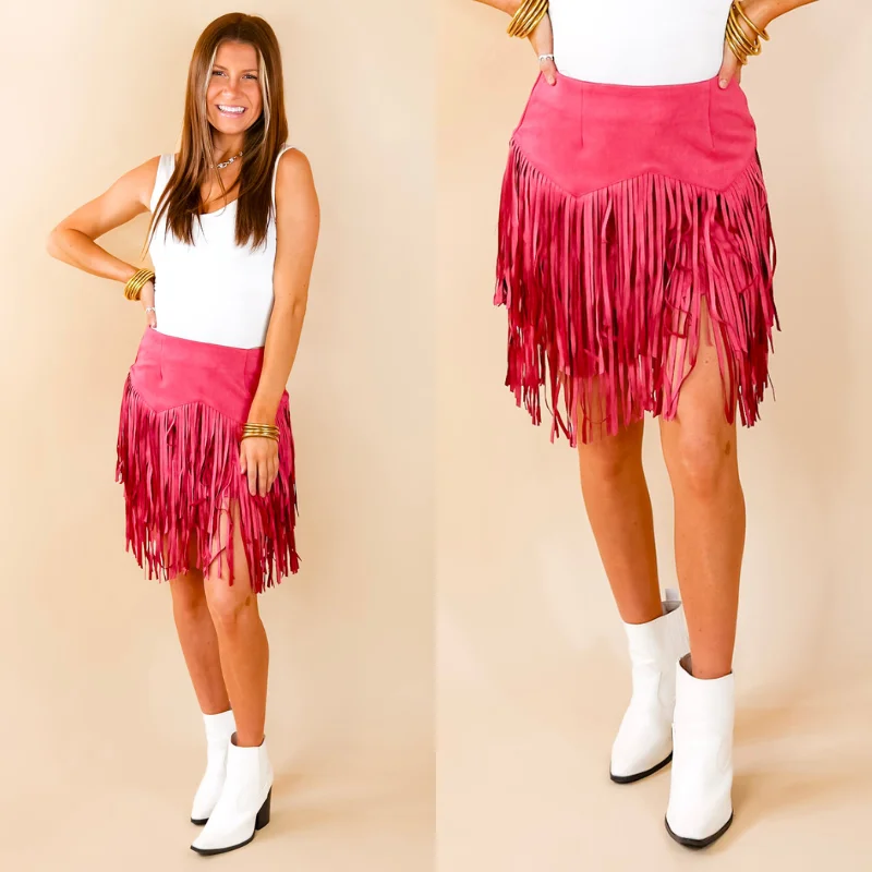 Pep Into Your Step Suede Fringe Skirt in Pink pleated skirt texture