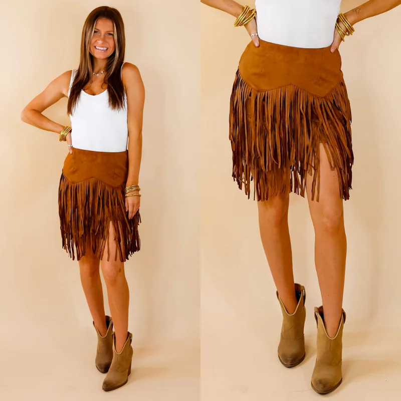 Pep Into Your Step Suede Fringe Skirt in Camel Brown spandex blend skirt