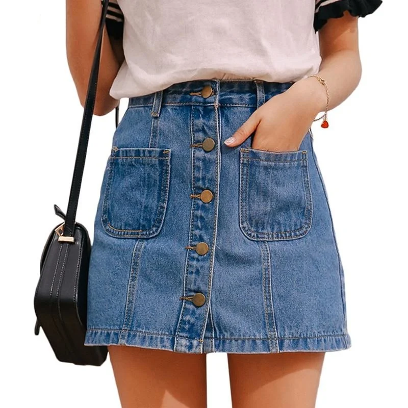 Single Button Pockets Denim Skirt pencil skirt chic