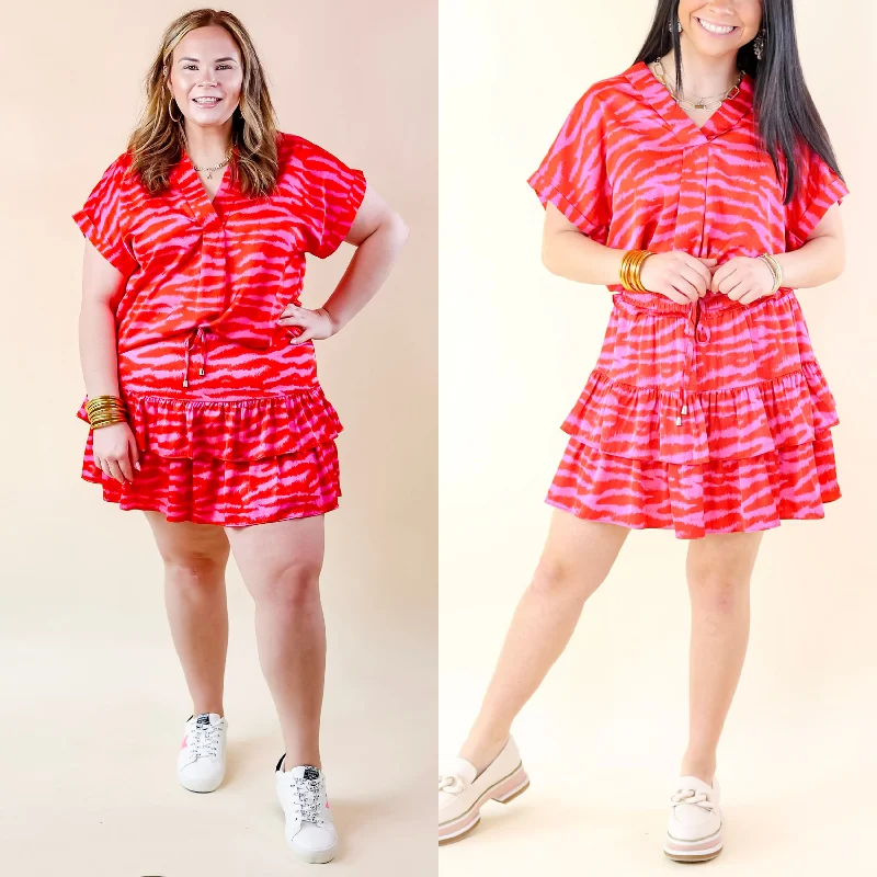 Vibrant Vibes Zebra Print Tiered Skort with Drawstring Waist in Red and Pink boho skirt vibe