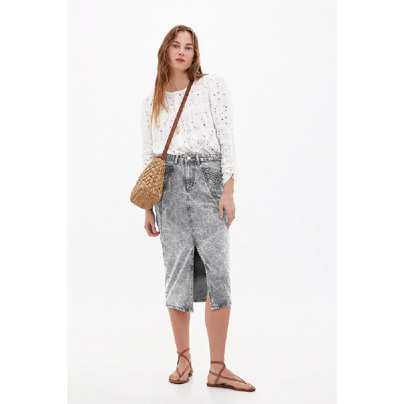 Grey Front Slit Denim Skirt button skirt front